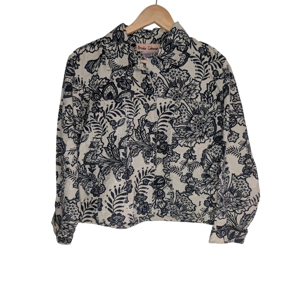Brooke Coleman Floral Jacket Sz L 100% Cotton Cream Black Vintage Style Heirloom